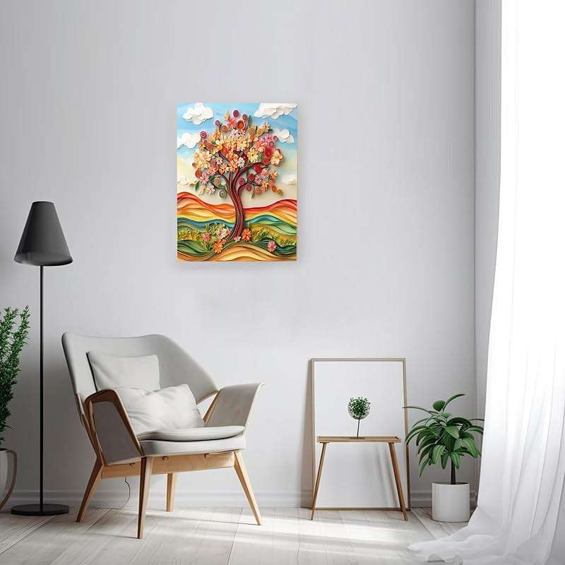 1 Piece Paper Quilling Tree Canvas Prints Wall Art 8 * 12, Fun Spring Retro Nature Vertical Wall Art for Living Room Bedroom, Small Large 3D Aesthetic Bathroom Decor Women Men - Image 3