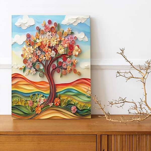 1 Piece Paper Quilling Tree Canvas Prints Wall Art 8 * 12, Fun Spring Retro Nature Vertical Wall Art for Living Room Bedroom, Small Large 3D Aesthetic Bathroom Decor Women Men - Image 4