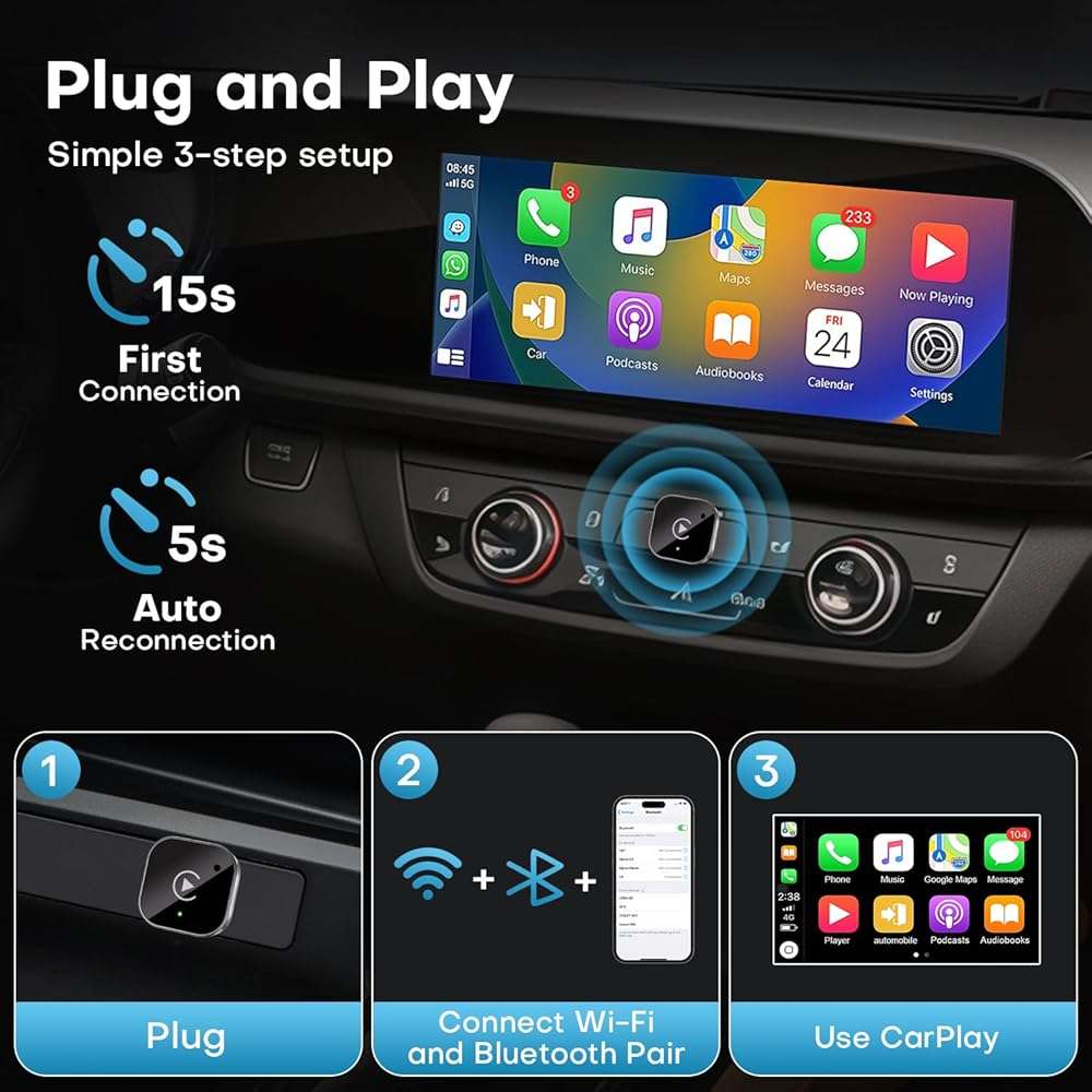 2-in-1 Wireless CarPlay & Android Auto Adapter, Plug & Play CarPlay Dongle Converts Wired to Wireless, Fast Auto-Connect, No Delay, Compact Design for iPhone & Android with USB/USB-C Port(Black) - Image 3