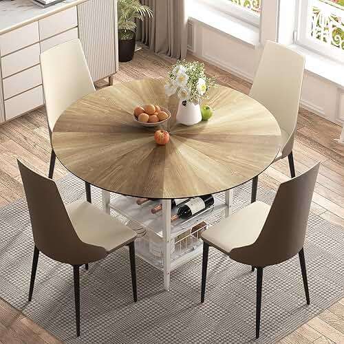 VFK 47 Inch Round Dining Table Set for 4-6 People, Large Farmhouse Kitchen Dining Table Set with Chairs and Storage Rack, Metal Base Round Table for Home Dining Room Living Room - Image 1