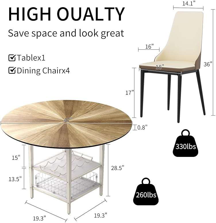 VFK 47 Inch Round Dining Table Set for 4-6 People, Large Farmhouse Kitchen Dining Table Set with Chairs and Storage Rack, Metal Base Round Table for Home Dining Room Living Room - Image 2