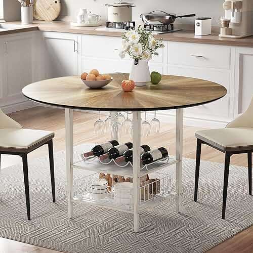 VFK 47 Inch Round Dining Table Set for 4-6 People, Large Farmhouse Kitchen Dining Table Set with Chairs and Storage Rack, Metal Base Round Table for Home Dining Room Living Room - Image 5