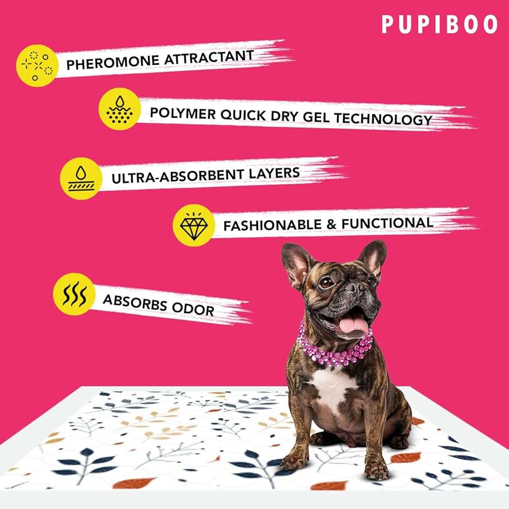 Pupiboo Disposable Dog and Cat Training Pads – Leaves Pattern, Highly Absorbent Pee Pads, Leak Proof Backing, Pheromonal Attractant for Housebreaking & Potty Training – 23x23 in (100 Count) - Image 6