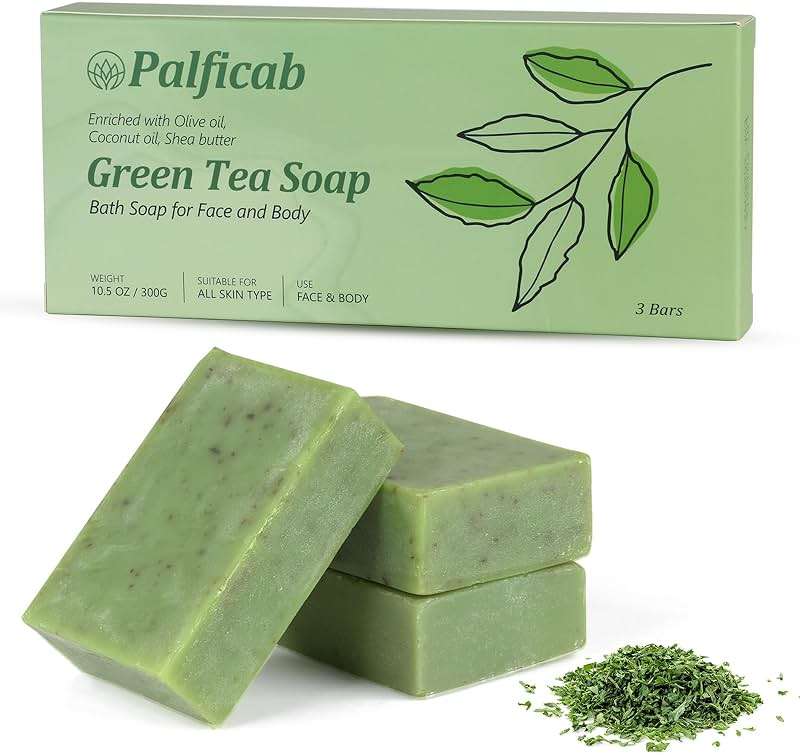 PALFICAB Green Tea Soap, Moisturizing Bath Soap Bars, Cruelty-Free, Gentle Exfoliating for Hydrating & Nourishing Skin with Green Tea Leaves, Coconut Oil, Shea Butter, Gifts for Women Men, 3 Bars - Image 1