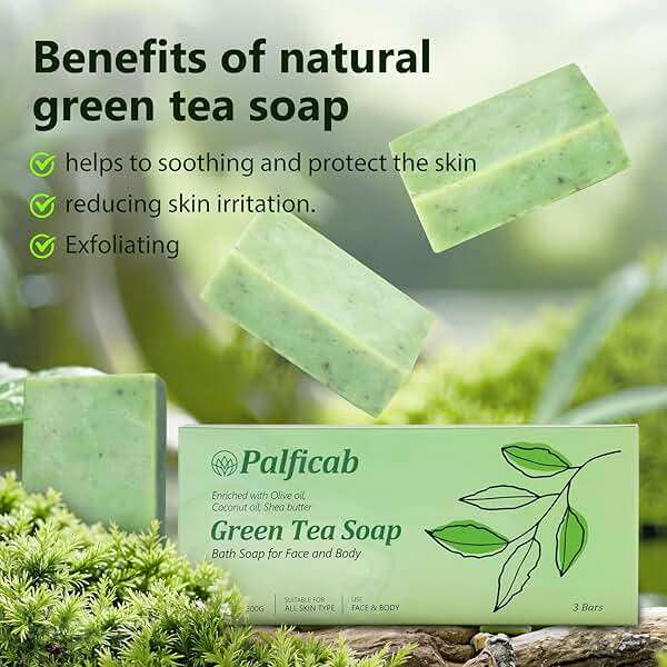PALFICAB Green Tea Soap, Moisturizing Bath Soap Bars, Cruelty-Free, Gentle Exfoliating for Hydrating & Nourishing Skin with Green Tea Leaves, Coconut Oil, Shea Butter, Gifts for Women Men, 3 Bars - Image 3