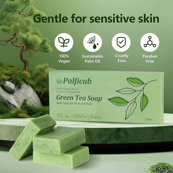 PALFICAB Green Tea Soap, Moisturizing Bath Soap Bars, Cruelty-Free, Gentle Exfoliating for Hydrating & Nourishing Skin with Green Tea Leaves, Coconut Oil, Shea Butter, Gifts for Women Men, 3 Bars - Image 5
