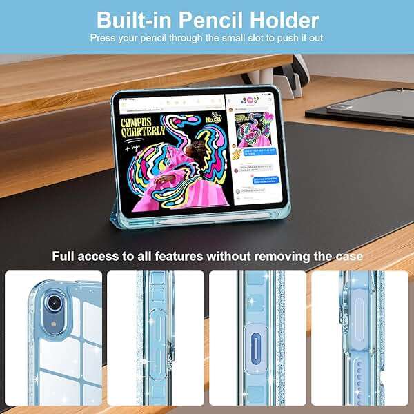 Lainergie Case for iPad (A16) 11th Generation 11-inch 2025, iPad 10th Generation 10.9-inch 2022, Cute Glittering Sparkly Shockproof Cover with Sparkly Crystal Clear Back and Pencil Holder, Blue - Image 6