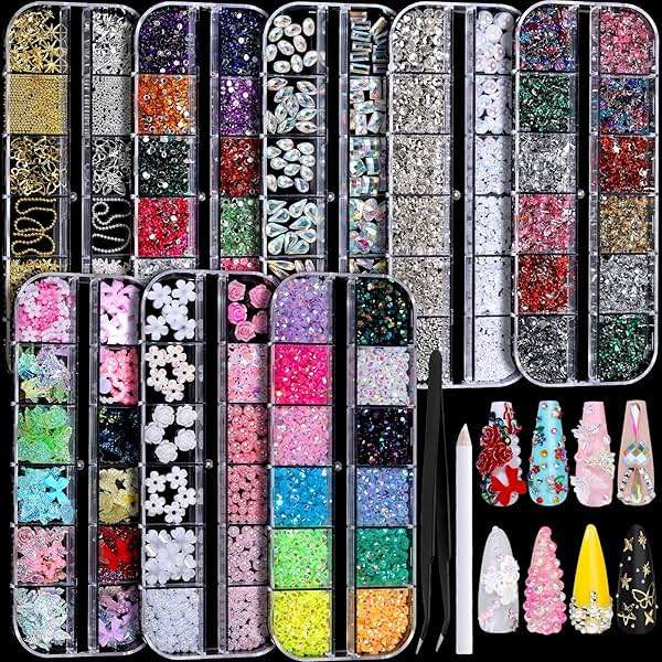 FANDAMEI Nail Charms, Nail Rhinestones Kit with 8 Boxes of Nail Gems, Bedazzling Kit for Nails, Colorful Clear Flatback Rhinestones, Charms Y2K for Nails, Multi Shape Nail Art Accessories for Crafts - Image 1
