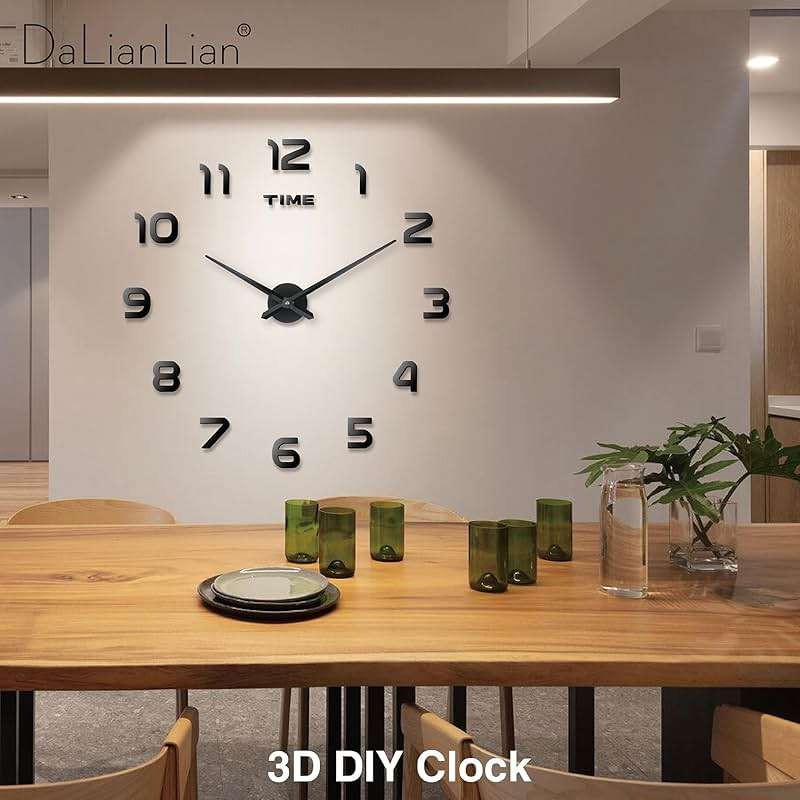 DaLianLian Big DIY Frameless Wall Clock Modern Large 3D Clock for Living Room Decor, Bedroom or Office Decoration Mirror Effect Arabic Numerals Metal Hands Silence Quartz Movement (Black) - Image 2
