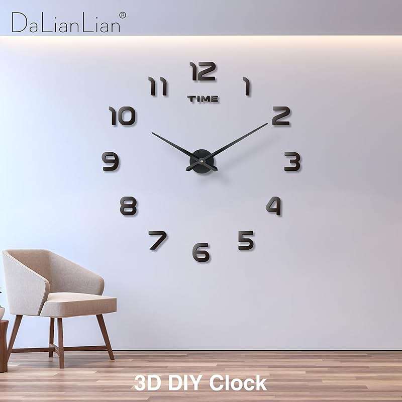 DaLianLian Big DIY Frameless Wall Clock Modern Large 3D Clock for Living Room Decor, Bedroom or Office Decoration Mirror Effect Arabic Numerals Metal Hands Silence Quartz Movement (Black) - Image 3