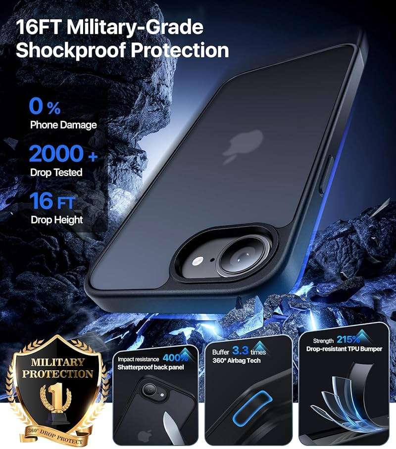 Eastinbox for iPhone 16e & iPhone 17e Case [16FT Military Grade Shockproof], Anti-Slip Anti-Scratch, Slim Translucent Frosted Matte Phone Cover, Case for iPhone 17 e/16 e 6.1", Black - Image 2