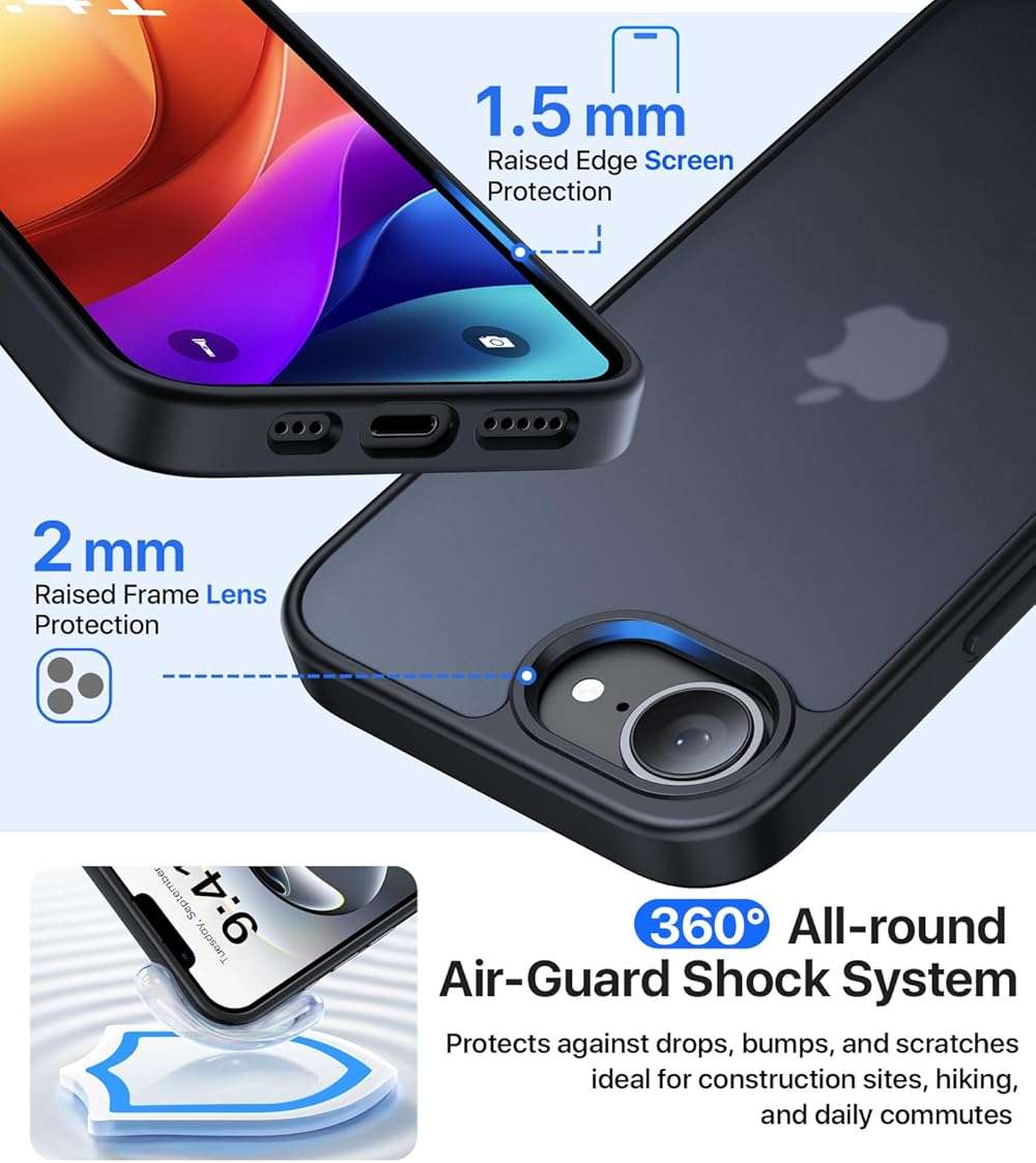Eastinbox for iPhone 16e & iPhone 17e Case [16FT Military Grade Shockproof], Anti-Slip Anti-Scratch, Slim Translucent Frosted Matte Phone Cover, Case for iPhone 17 e/16 e 6.1", Black - Image 3