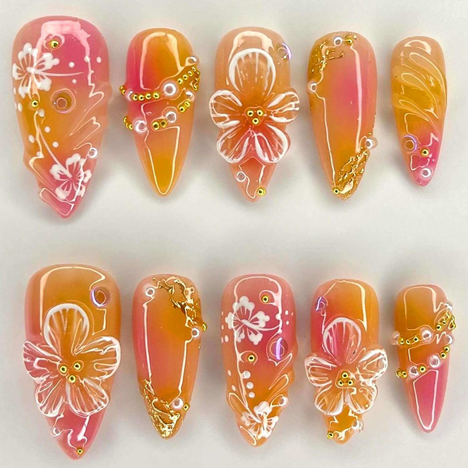24Pcs Flower Press on Nails Medium Almond Handmade Fake Nails with 3D Pearl Charms Design Orange Red False Nails Full Cover Artificial Glue on Nails Spring Summer Stick on Nail for Women DIY Manicure - Image 1