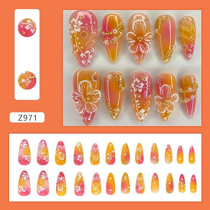 24Pcs Flower Press on Nails Medium Almond Handmade Fake Nails with 3D Pearl Charms Design Orange Red False Nails Full Cover Artificial Glue on Nails Spring Summer Stick on Nail for Women DIY Manicure - Image 2