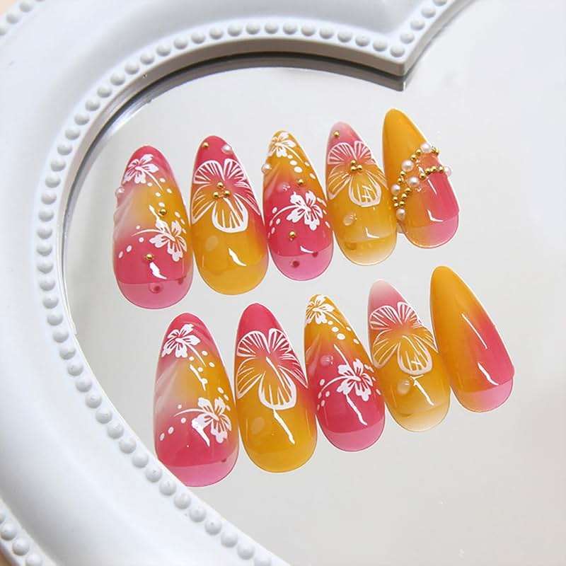 24Pcs Flower Press on Nails Medium Almond Handmade Fake Nails with 3D Pearl Charms Design Orange Red False Nails Full Cover Artificial Glue on Nails Spring Summer Stick on Nail for Women DIY Manicure - Image 3