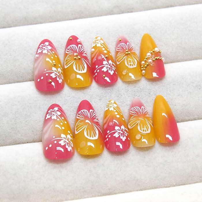 24Pcs Flower Press on Nails Medium Almond Handmade Fake Nails with 3D Pearl Charms Design Orange Red False Nails Full Cover Artificial Glue on Nails Spring Summer Stick on Nail for Women DIY Manicure - Image 4