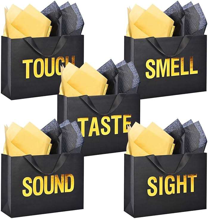 Large 5 Senses Gift Bags for Him with Labels, Envelopes and Cards,Gold Foil Five Senses Gift Bag for Her with Handles & Tissue Paper for Valentine's Day, Birthday, Wedding, Anniversary 12.6"X8.7"X4" - Image 1