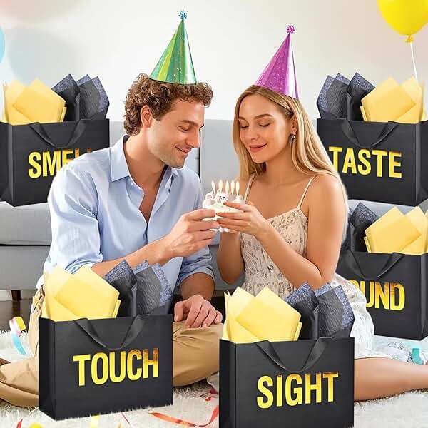 Large 5 Senses Gift Bags for Him with Labels, Envelopes and Cards,Gold Foil Five Senses Gift Bag for Her with Handles & Tissue Paper for Valentine's Day, Birthday, Wedding, Anniversary 12.6"X8.7"X4" - Image 6
