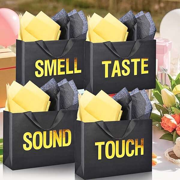 Large 5 Senses Gift Bags for Him with Labels, Envelopes and Cards,Gold Foil Five Senses Gift Bag for Her with Handles & Tissue Paper for Valentine's Day, Birthday, Wedding, Anniversary 12.6"X8.7"X4" - Image 8