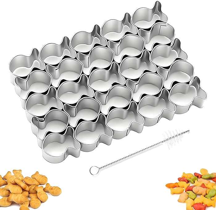 uadbau GoldFish Cracker Cutter, 25 Cavity Mini Cookie Cutters with Cleaning Brush, Goldfish Mold Stainless Steel Fish Shaped for Non-Stick Dough DIY Cookie Mold - Image 1