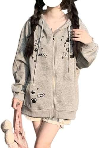Xojbzoo Women's Y2K Zip-Up Hoodie Oversized Streetwear Cat Ear Cute Cartoon Graphic Harajuku Kawaii Sweatshirt - Image 1