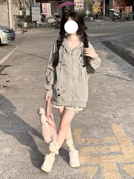 Xojbzoo Women's Y2K Zip-Up Hoodie Oversized Streetwear Cat Ear Cute Cartoon Graphic Harajuku Kawaii Sweatshirt - Image 3