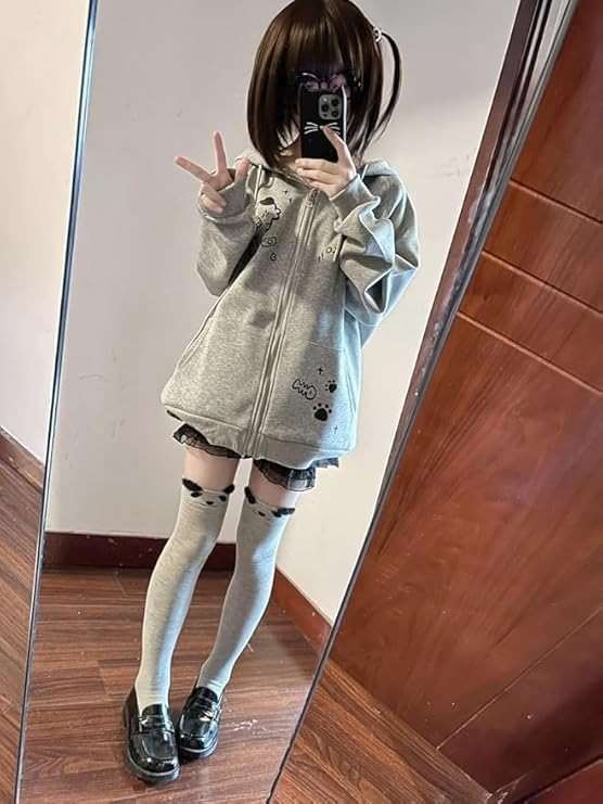 Xojbzoo Women's Y2K Zip-Up Hoodie Oversized Streetwear Cat Ear Cute Cartoon Graphic Harajuku Kawaii Sweatshirt - Image 4