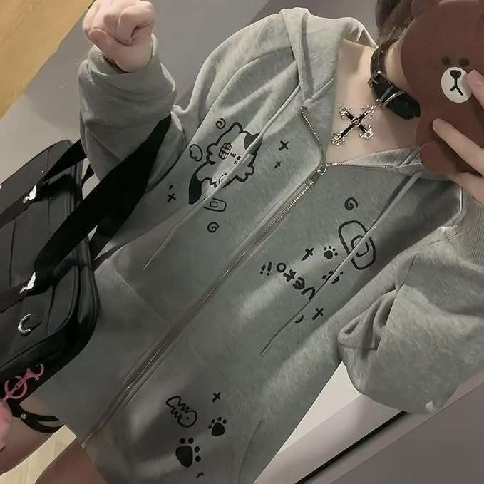 Xojbzoo Women's Y2K Zip-Up Hoodie Oversized Streetwear Cat Ear Cute Cartoon Graphic Harajuku Kawaii Sweatshirt - Image 5