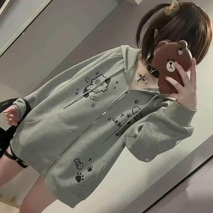 Xojbzoo Women's Y2K Zip-Up Hoodie Oversized Streetwear Cat Ear Cute Cartoon Graphic Harajuku Kawaii Sweatshirt - Image 6