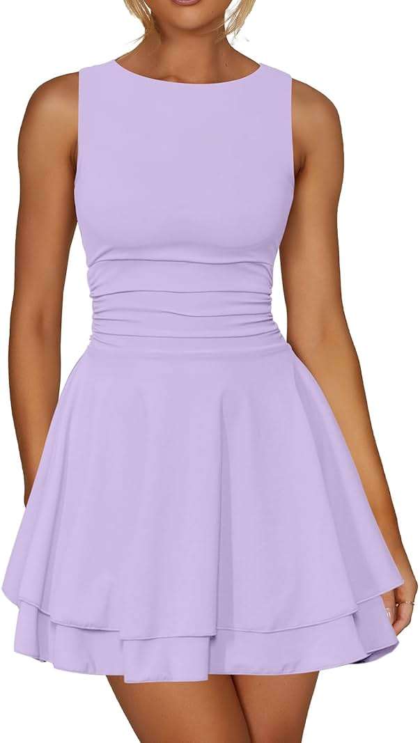 Kaximil Women's Ruffle Hem Boat Neck Mini Dress Sleeveless Ruched Corset Short Party Dresses - Image 1