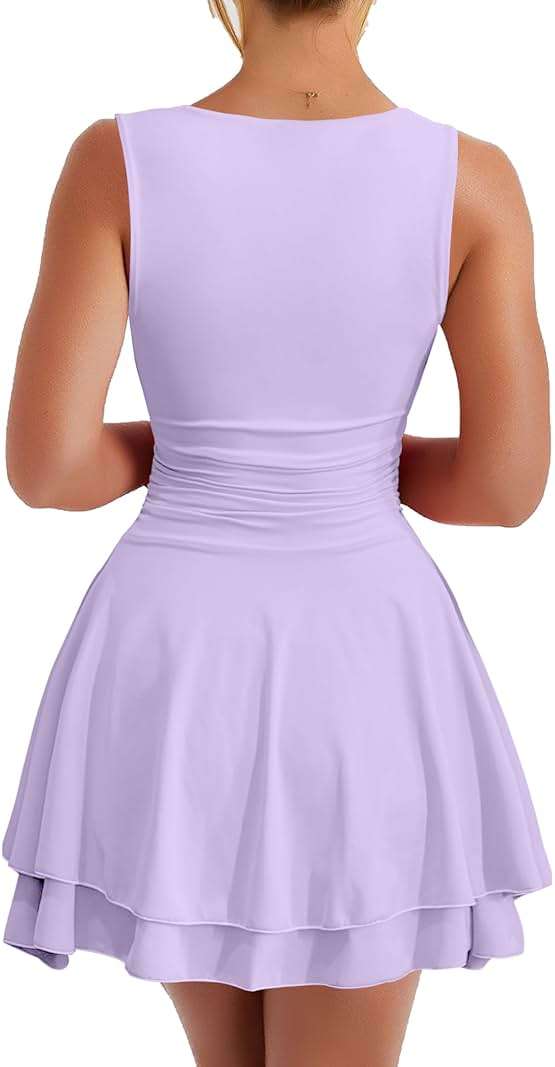 Kaximil Women's Ruffle Hem Boat Neck Mini Dress Sleeveless Ruched Corset Short Party Dresses - Image 2