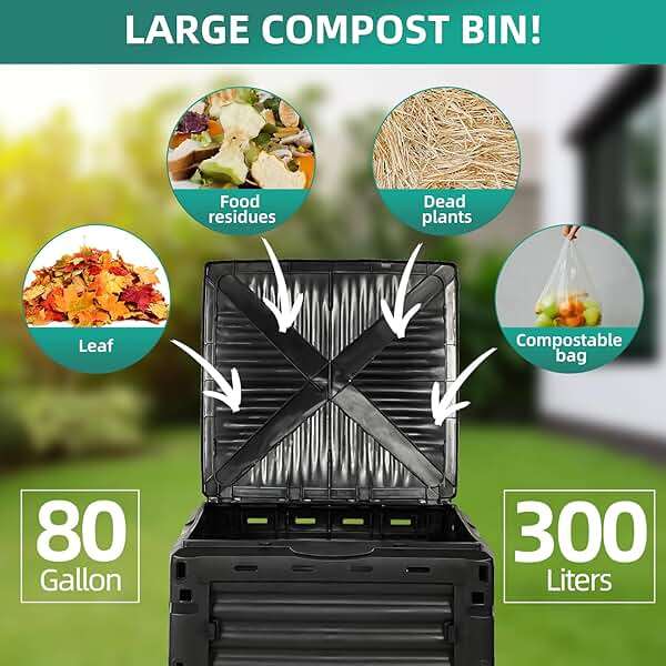 BIOGRN Compost Bin Outdoor, 80 Gallon Large Garden Composter, Black | Large 300L capacity with BPA-free construction, secure flip-latch lid, and easy assembly for garden, kitchen, and yard waste. - Image 6