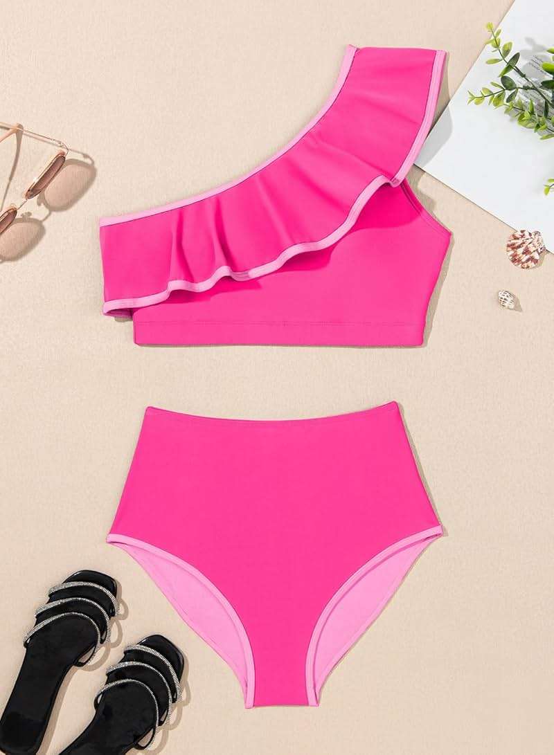 Herseas Women's One Shoulder Bikini Sets Color Block Trim Ruffle Hem Swimsuits Elegant Bathing Suits - Image 4