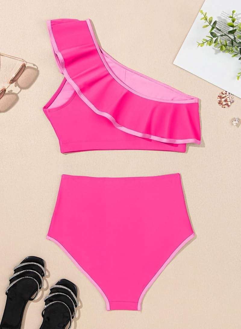 Herseas Women's One Shoulder Bikini Sets Color Block Trim Ruffle Hem Swimsuits Elegant Bathing Suits - Image 5