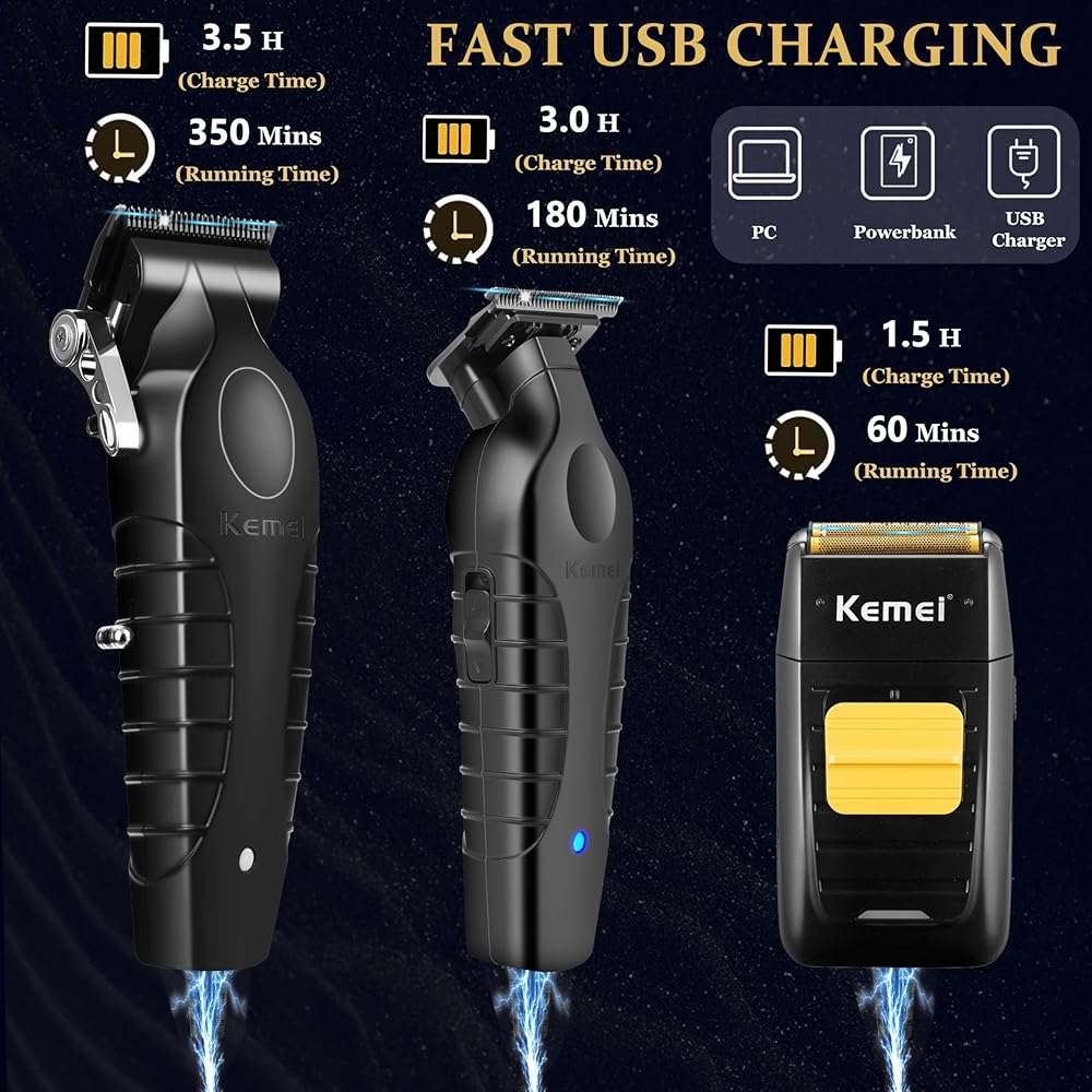KEMEI Professional Hair Clipper and Trimmers Set, Cordless Barber Clippers, Beard Trimmer, Electric Foil Shaver with Replacement Heads, KM-PG2299, KM-2296, KM-1102 - Image 4