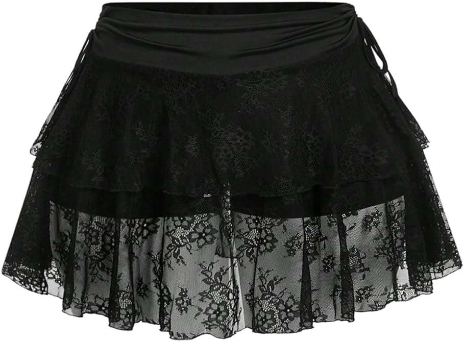 Verdusa Women's Plus Size Y2k Lace Sheer A Line Mini Skirt Ruched Tiered Layered Drawstring Ruffle Skirts - Image 1