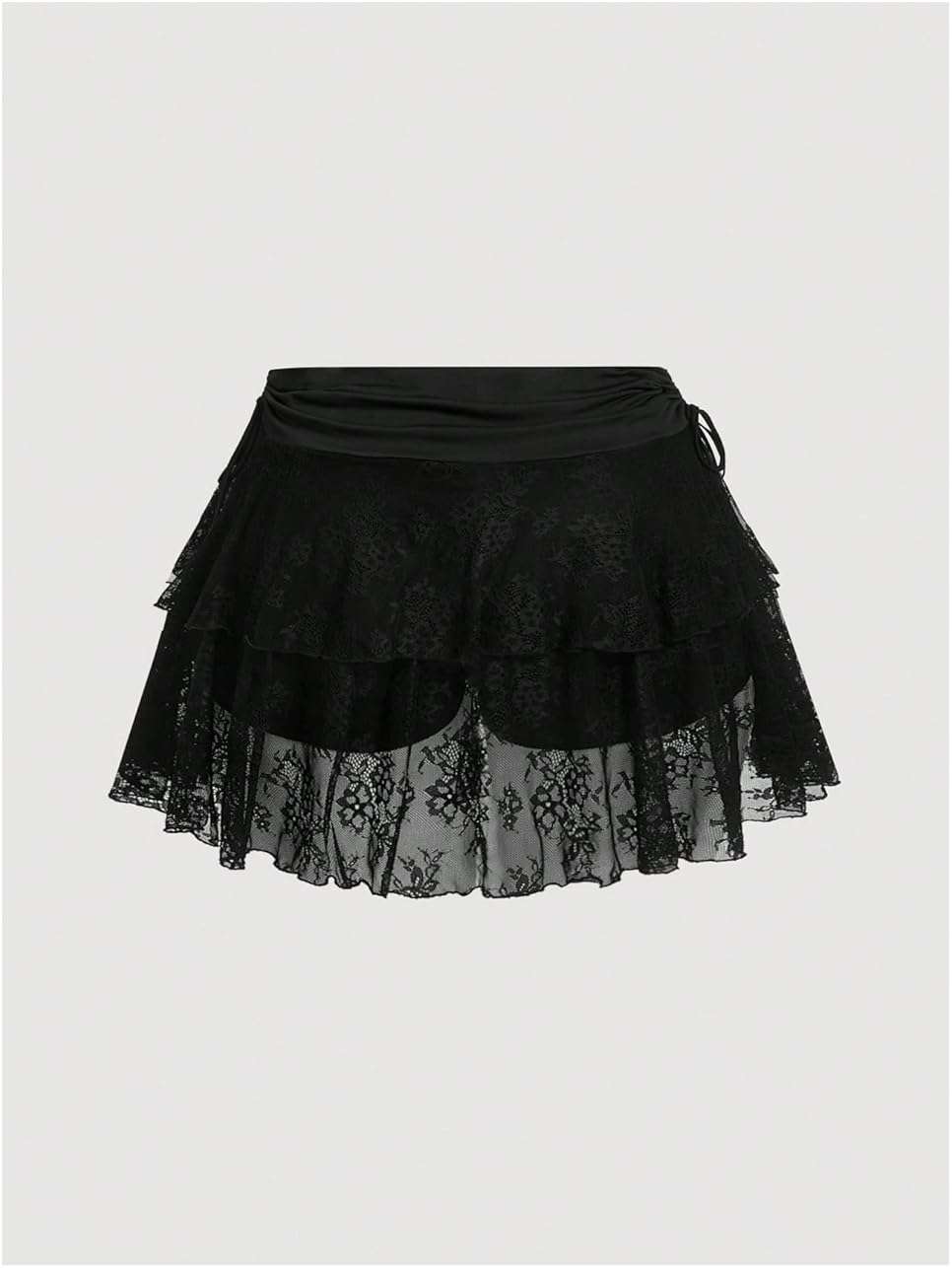 Verdusa Women's Plus Size Y2k Lace Sheer A Line Mini Skirt Ruched Tiered Layered Drawstring Ruffle Skirts - Image 2