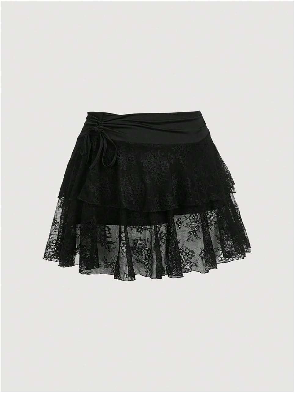 Verdusa Women's Plus Size Y2k Lace Sheer A Line Mini Skirt Ruched Tiered Layered Drawstring Ruffle Skirts - Image 3