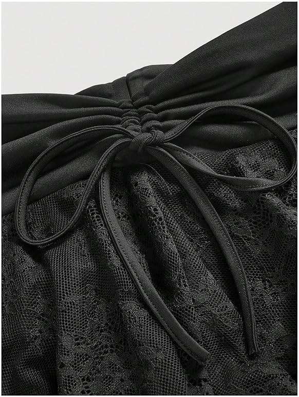Verdusa Women's Plus Size Y2k Lace Sheer A Line Mini Skirt Ruched Tiered Layered Drawstring Ruffle Skirts - Image 4