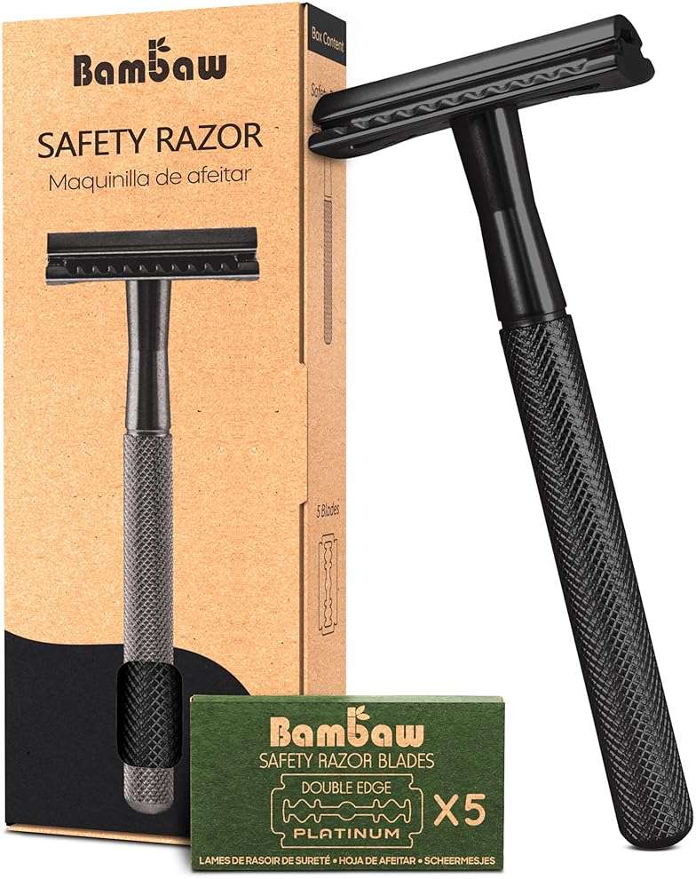 Bambaw Safety Razor for Men with 5 Blades, Double Edge Safety Razors for Men, Sustainable Single Blade Razor, Zero Waste Metal Razors - Black - Image 1