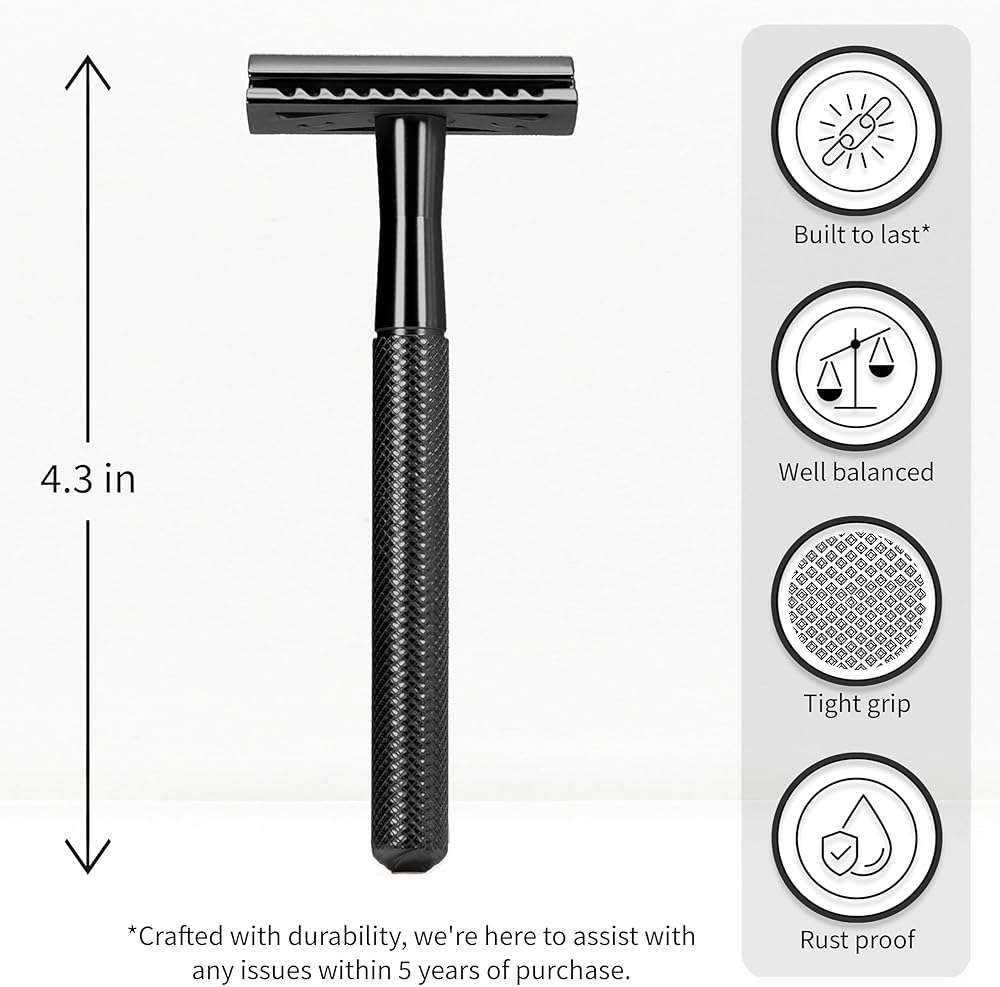 Bambaw Safety Razor for Men with 5 Blades, Double Edge Safety Razors for Men, Sustainable Single Blade Razor, Zero Waste Metal Razors - Black - Image 2