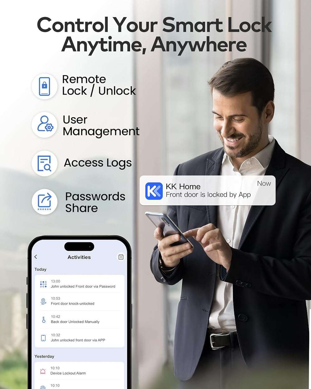 TEEHO TE012W WiFi Smart Lock, Fingerprint Door Lock with Built-in Wi-Fi, Keyless Entry Keypad Smart Deadbolt, App Remote Control, Alexa Compatible, IP55 Waterproof for Front Door – Satin Nickel - Image 3