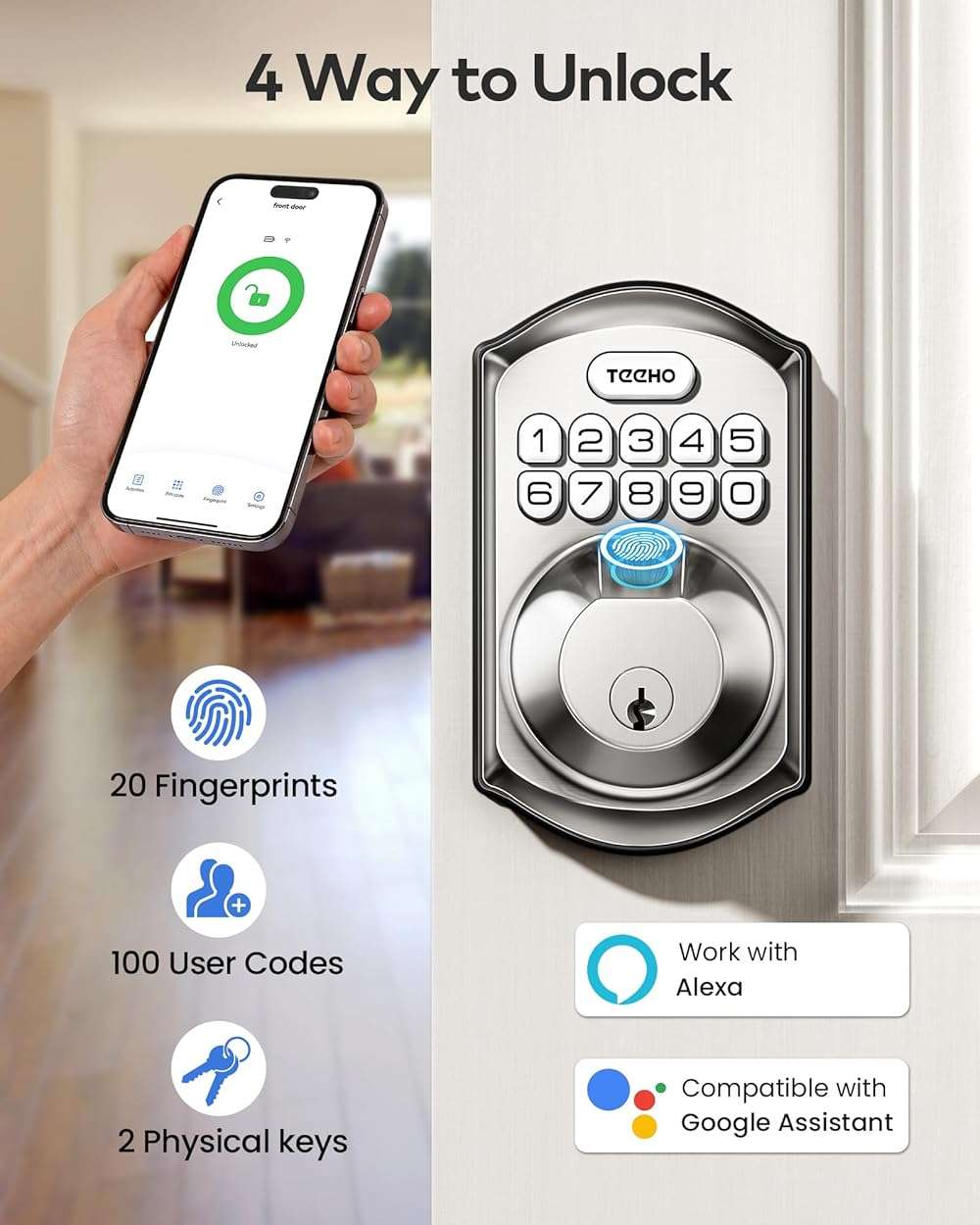 TEEHO TE012W WiFi Smart Lock, Fingerprint Door Lock with Built-in Wi-Fi, Keyless Entry Keypad Smart Deadbolt, App Remote Control, Alexa Compatible, IP55 Waterproof for Front Door – Satin Nickel - Image 4