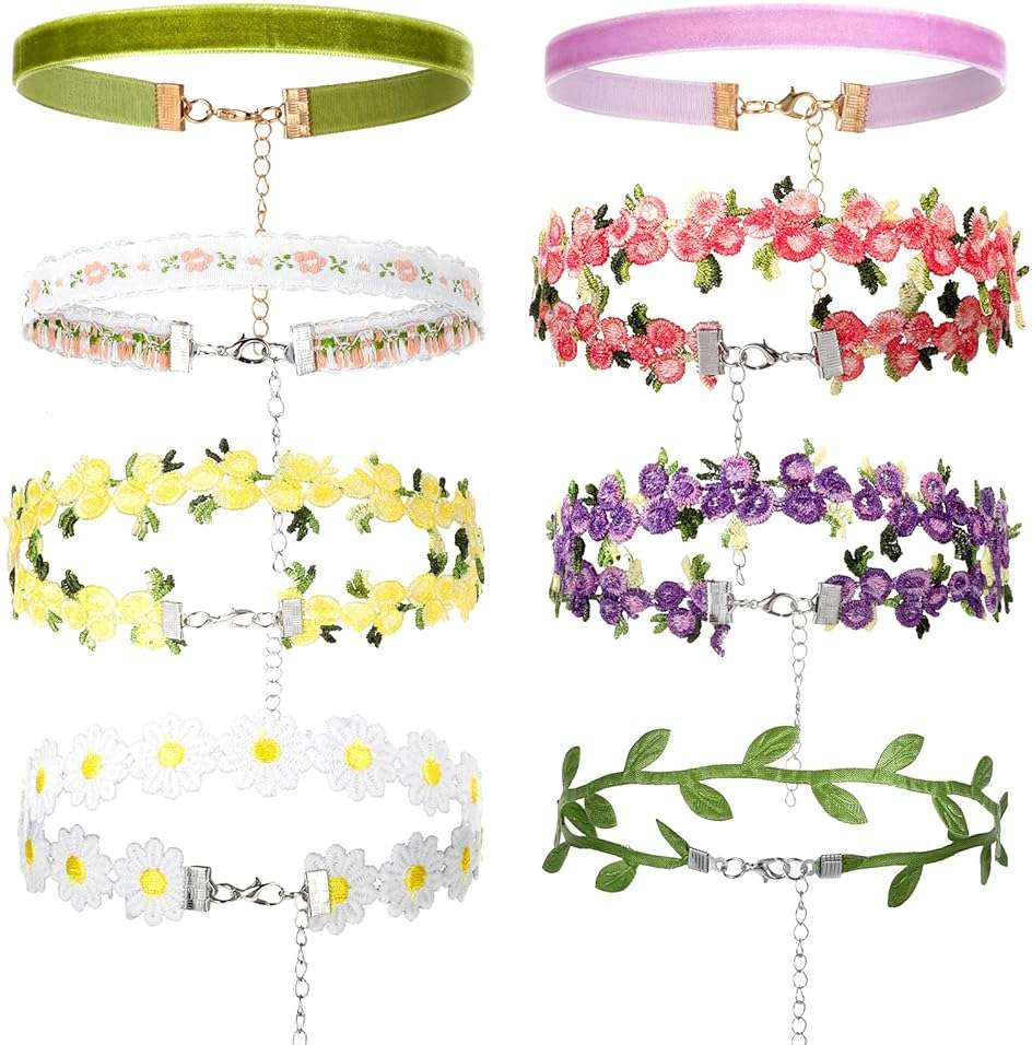 Heclia 8PCS Choker Necklace for Women Girls, Black Lace Velvet Chockers, Daisy Gothic Punk Classic Choker, Adjustable Bohemian Flower Floral Lace Necklaces, Leaf Pendant Clavicular Chain for Party - Image 1