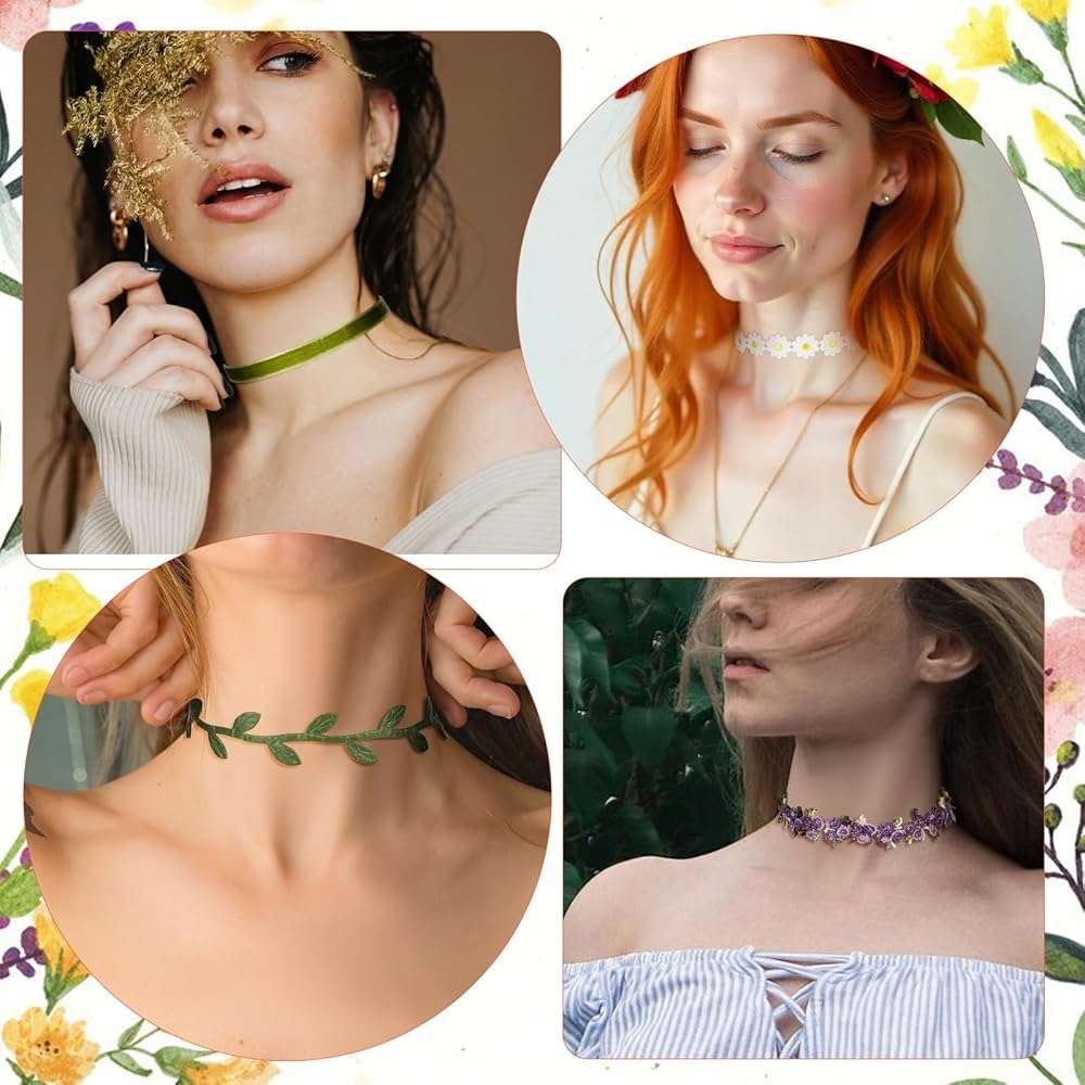 Heclia 8PCS Choker Necklace for Women Girls, Black Lace Velvet Chockers, Daisy Gothic Punk Classic Choker, Adjustable Bohemian Flower Floral Lace Necklaces, Leaf Pendant Clavicular Chain for Party - Image 5