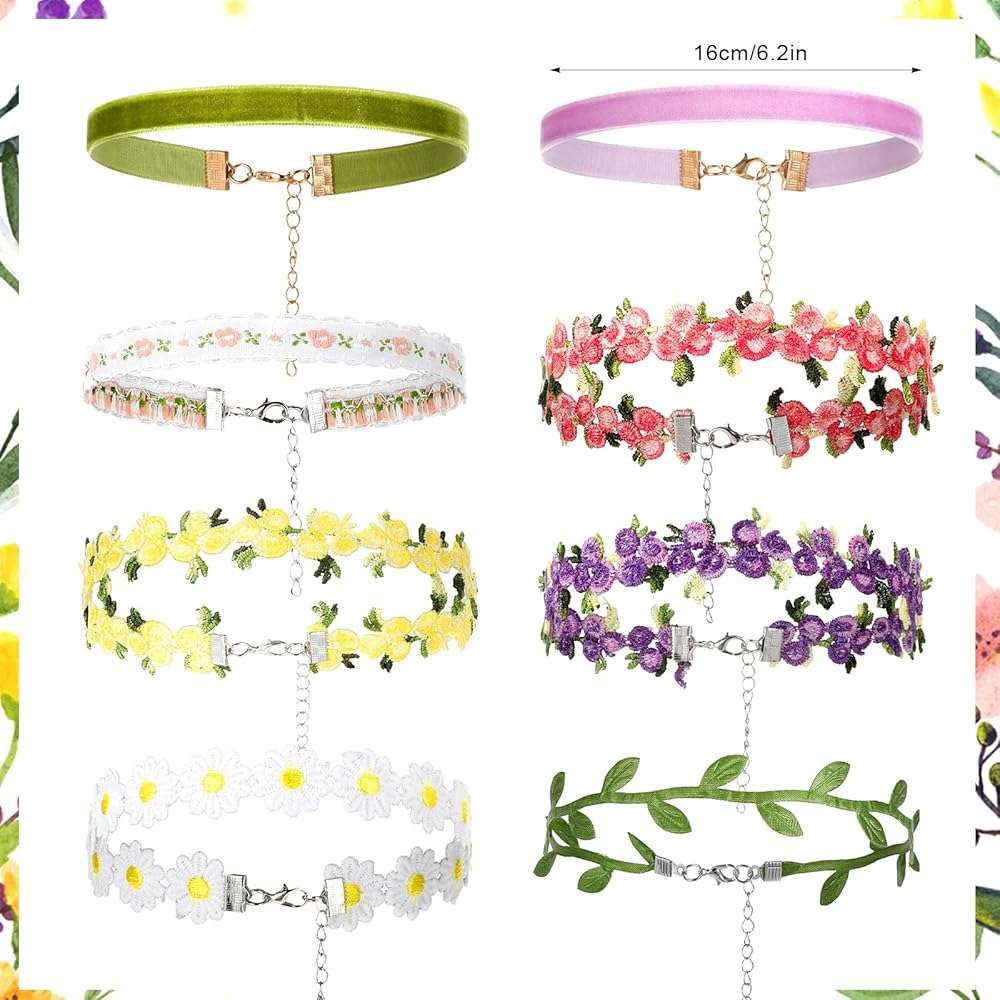 Heclia 8PCS Choker Necklace for Women Girls, Black Lace Velvet Chockers, Daisy Gothic Punk Classic Choker, Adjustable Bohemian Flower Floral Lace Necklaces, Leaf Pendant Clavicular Chain for Party - Image 6