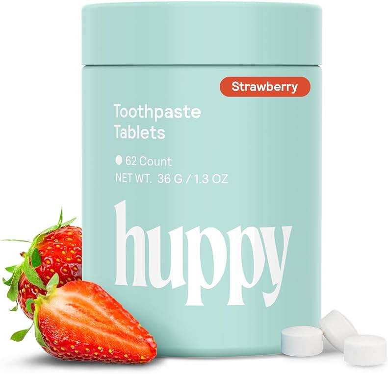 Huppy Toothpaste Tablets, Nano Hydroxyapatite, Fluoride Free and Plastic Free, Natural Whitening, Remineralizing, SLS Free, Travel Friendly Chewable Tabs, Strawberry Flavor, 62 Count (1 Month Supply) - Image 1