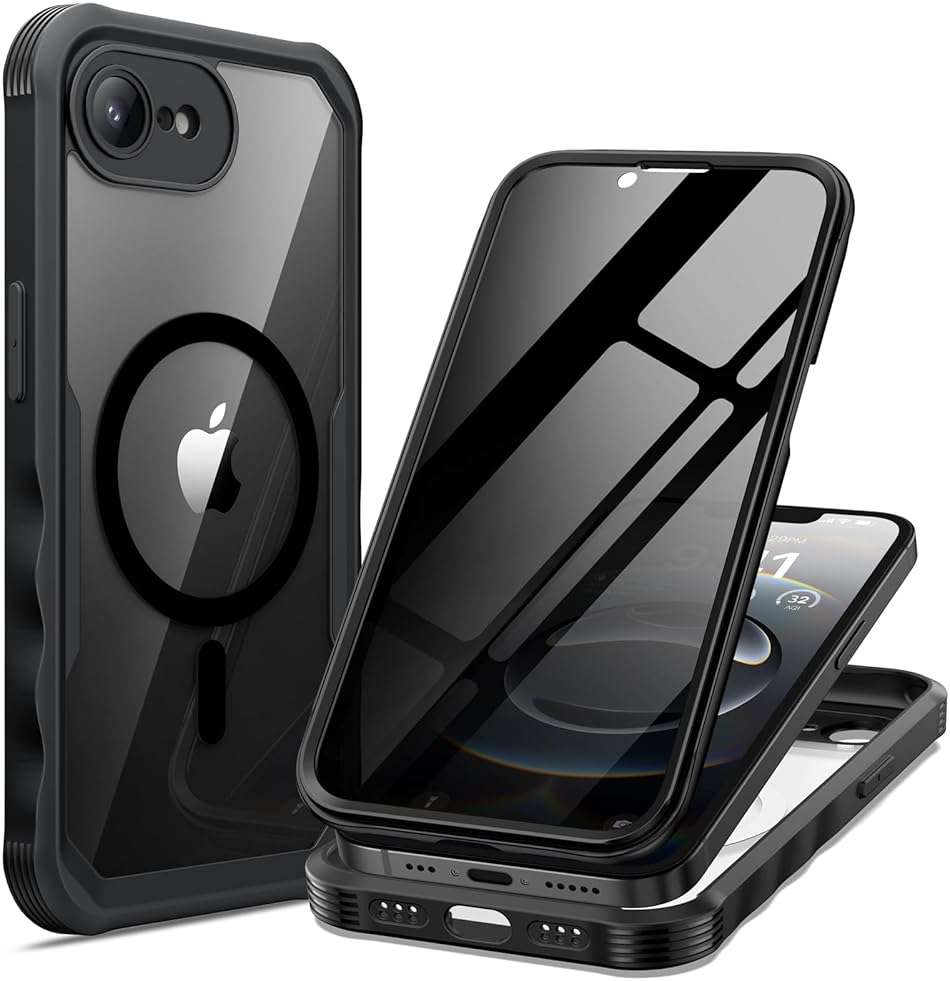 seacosmo for iPhone 17e 16e Case, Full Body Bumper with Built-in Tempered Glass Privacy Screen Protector and Camera Lens Protection, Compatible with MagSafe, Shockproof 17E 16E Phone Case, 6.1", Black - Image 1