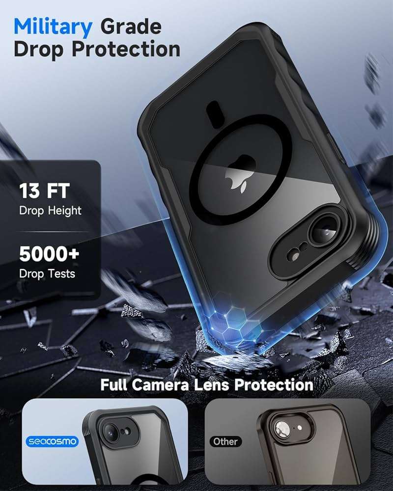 seacosmo for iPhone 17e 16e Case, Full Body Bumper with Built-in Tempered Glass Privacy Screen Protector and Camera Lens Protection, Compatible with MagSafe, Shockproof 17E 16E Phone Case, 6.1", Black - Image 4
