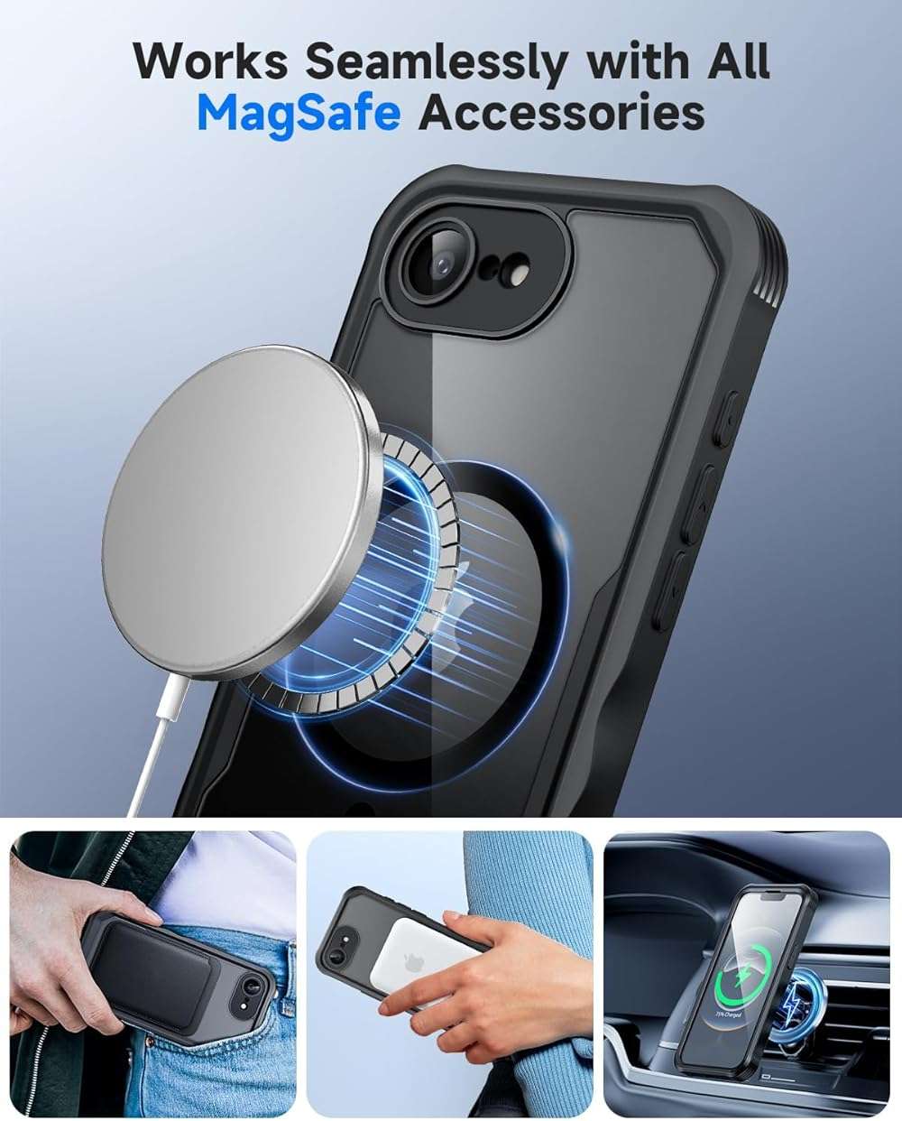 seacosmo for iPhone 17e 16e Case, Full Body Bumper with Built-in Tempered Glass Privacy Screen Protector and Camera Lens Protection, Compatible with MagSafe, Shockproof 17E 16E Phone Case, 6.1", Black - Image 6